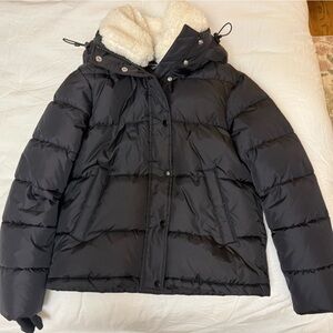 Aqua Black Puffer Jacket with Faux Fur Lining